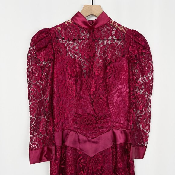 Vintage Union Made 80s Lace Puff Poof Sleeve Satin Maxi Dress Princess Victorian - Picture 2 of 9